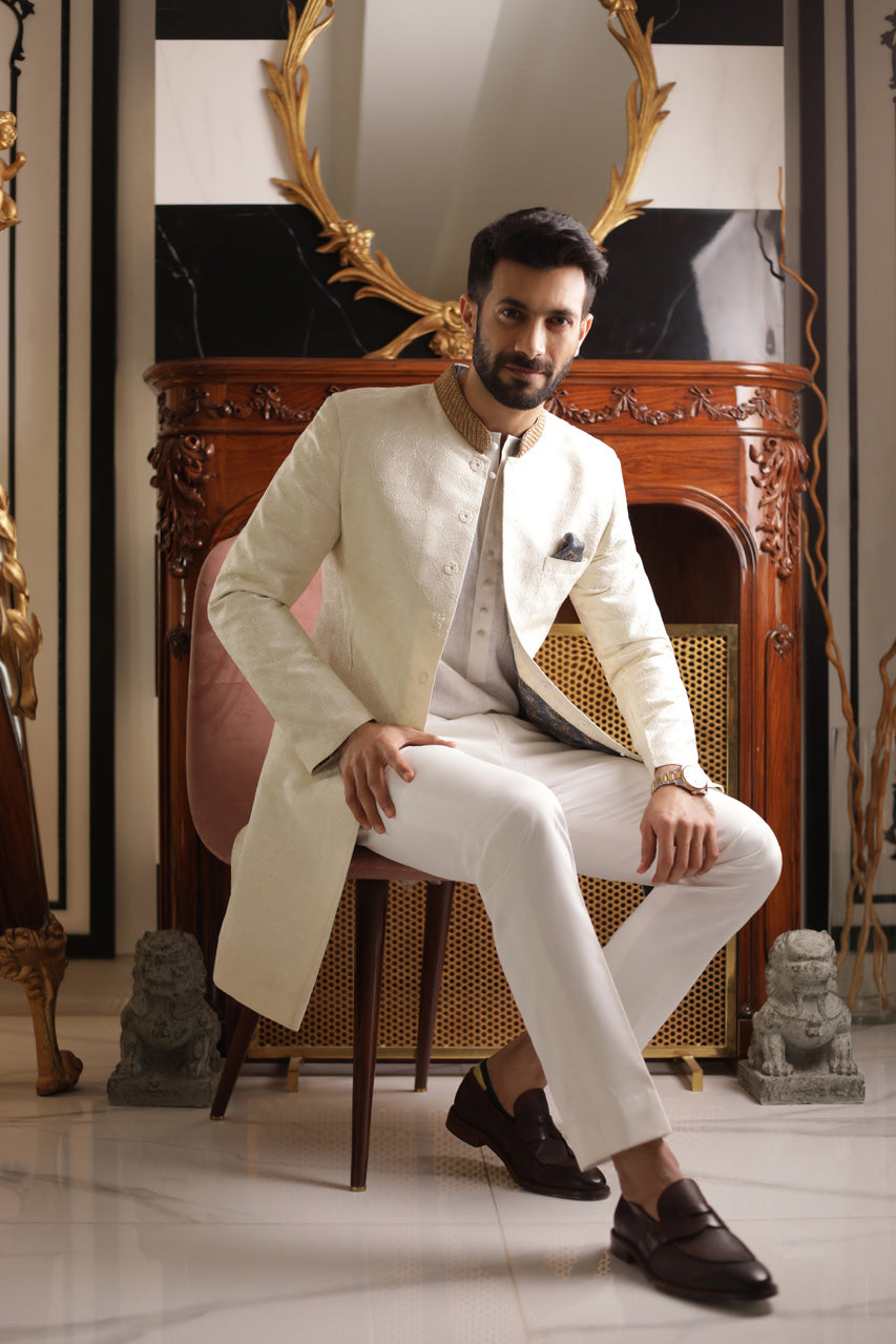 Cream Kantha Embroidered Raw Silk Sherwani (2-Piece) - Image 4