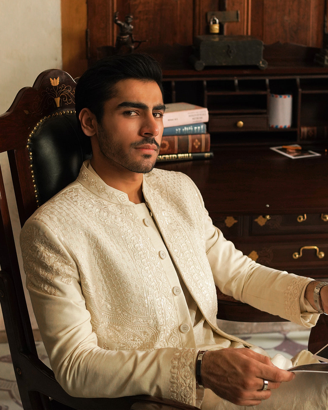 Off-White Embroidered Korean Raw Silk Sherwani (3-Piece) - Image 2