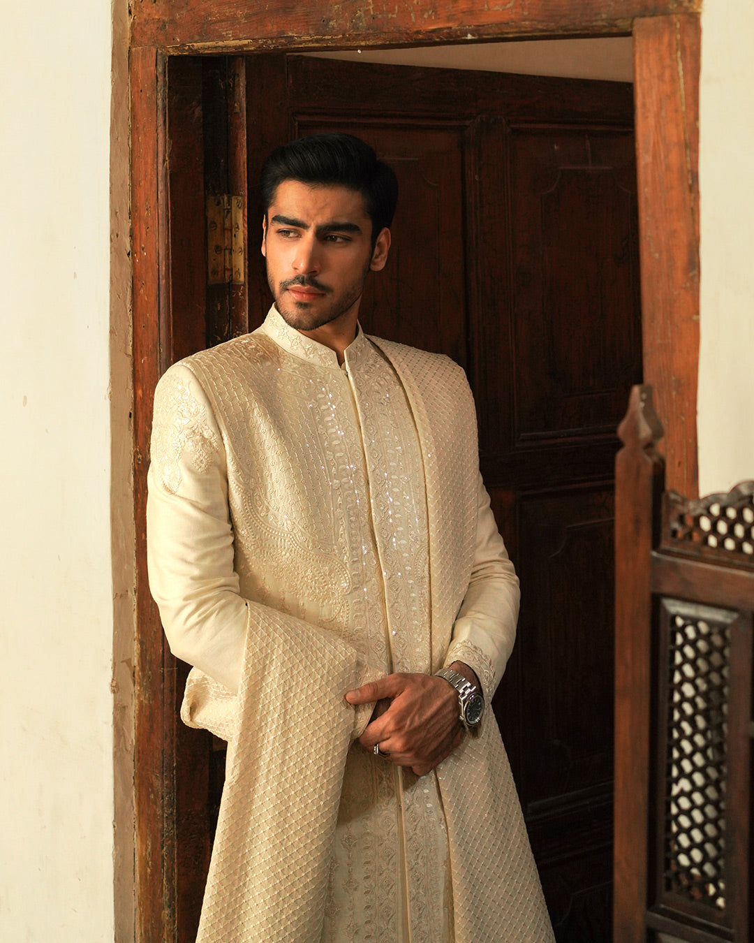 Off-White Embroidered Korean Raw Silk Sherwani (3-Piece) - Image 3