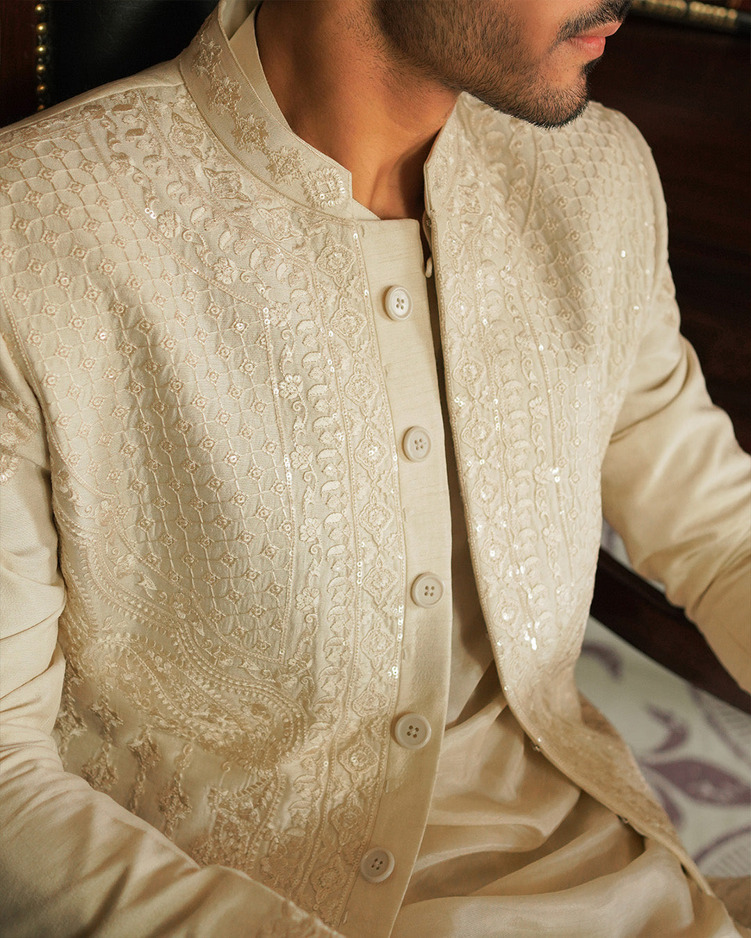 Off-White Embroidered Korean Raw Silk Sherwani (3-Piece) - Image 4