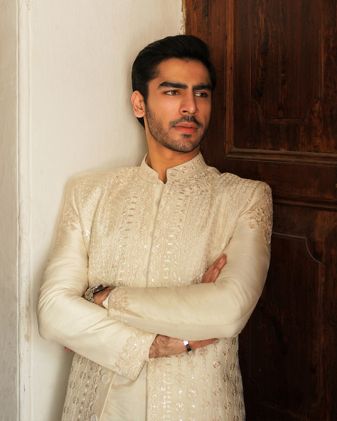 Off-White Embroidered Korean Raw Silk Sherwani (3-Piece) - Image 7