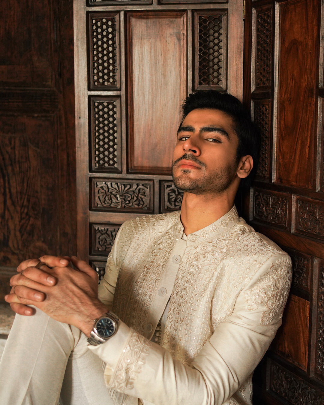 Off-White Embroidered Korean Raw Silk Sherwani (3-Piece) - Image 8