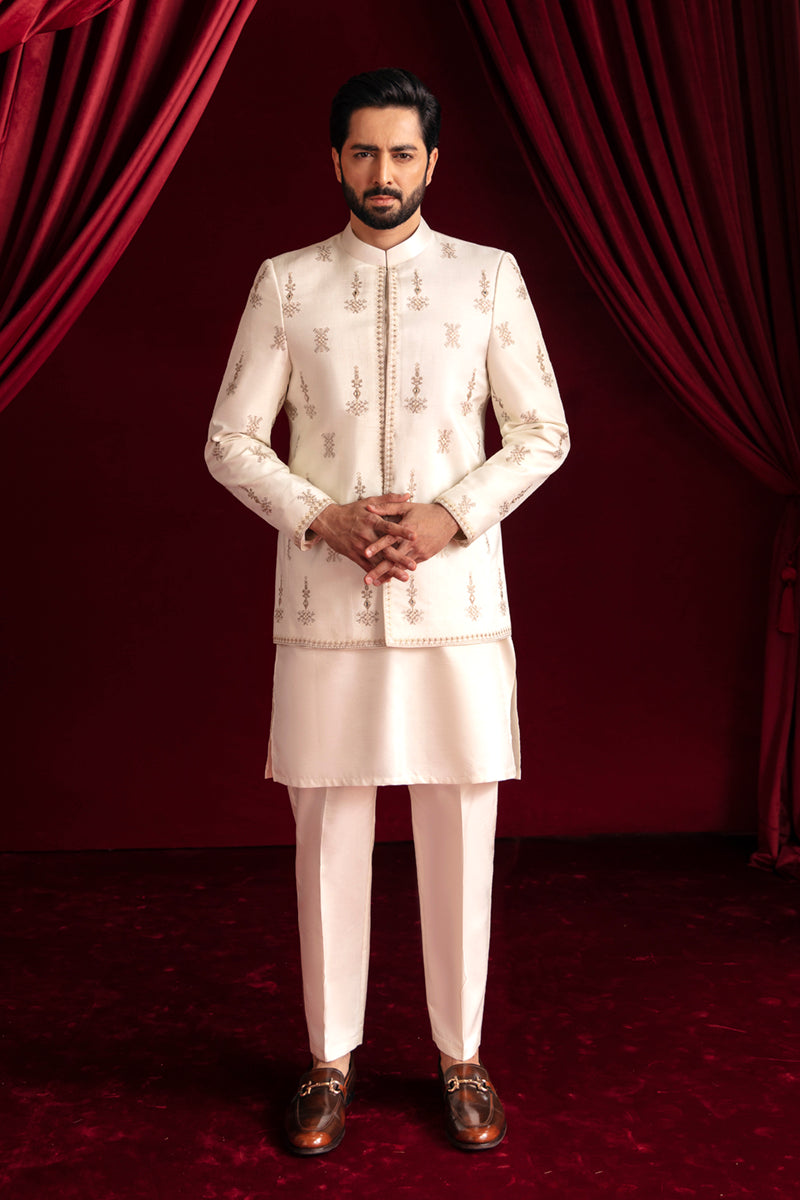 Ivory Embroidered Raw Silk Sherwani Coat (3-Piece) - Image 1