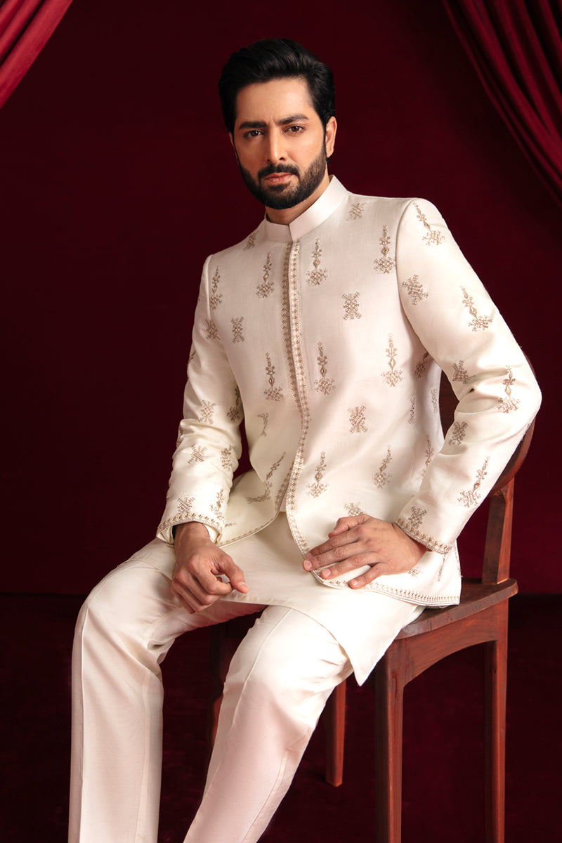 Ivory Embroidered Raw Silk Sherwani Coat (3-Piece) - Image 2