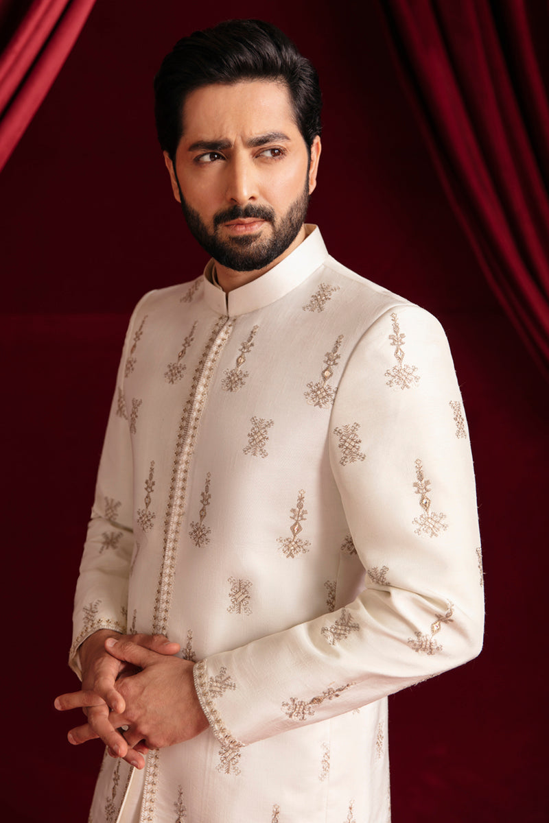 Ivory Embroidered Raw Silk Sherwani Coat (3-Piece) - Image 3
