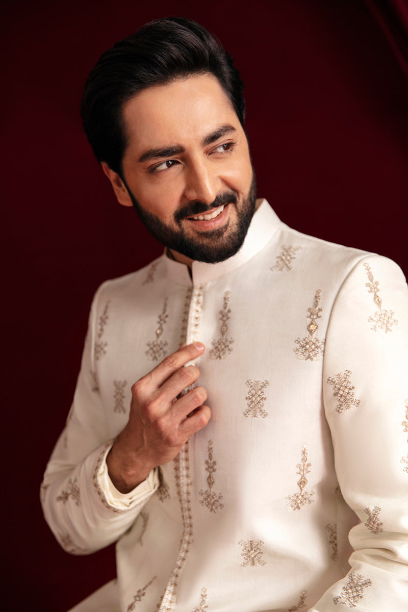 Ivory Embroidered Raw Silk Sherwani Coat (3-Piece) - Image 4