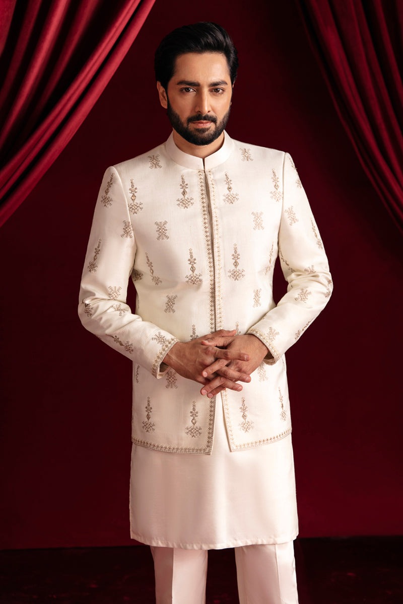 Ivory Embroidered Raw Silk Sherwani Coat (3-Piece) - Image 5