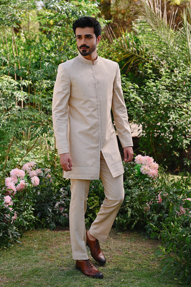 Ivory Thread Embroidered Raw Silk Sherwani (2-Piece) - Image 2