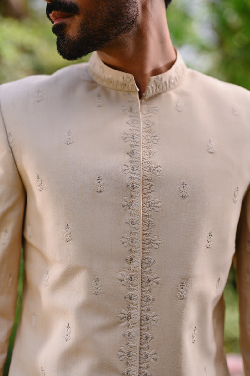 Ivory Thread Embroidered Raw Silk Sherwani (2-Piece) - Image 3