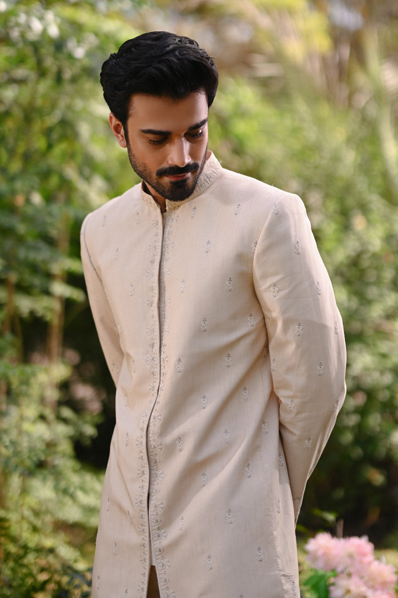 Ivory Thread Embroidered Raw Silk Sherwani (2-Piece) - Image 4