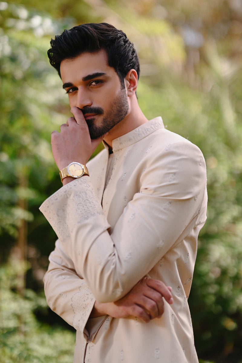 Ivory Thread Embroidered Raw Silk Sherwani (2-Piece) - Image 5