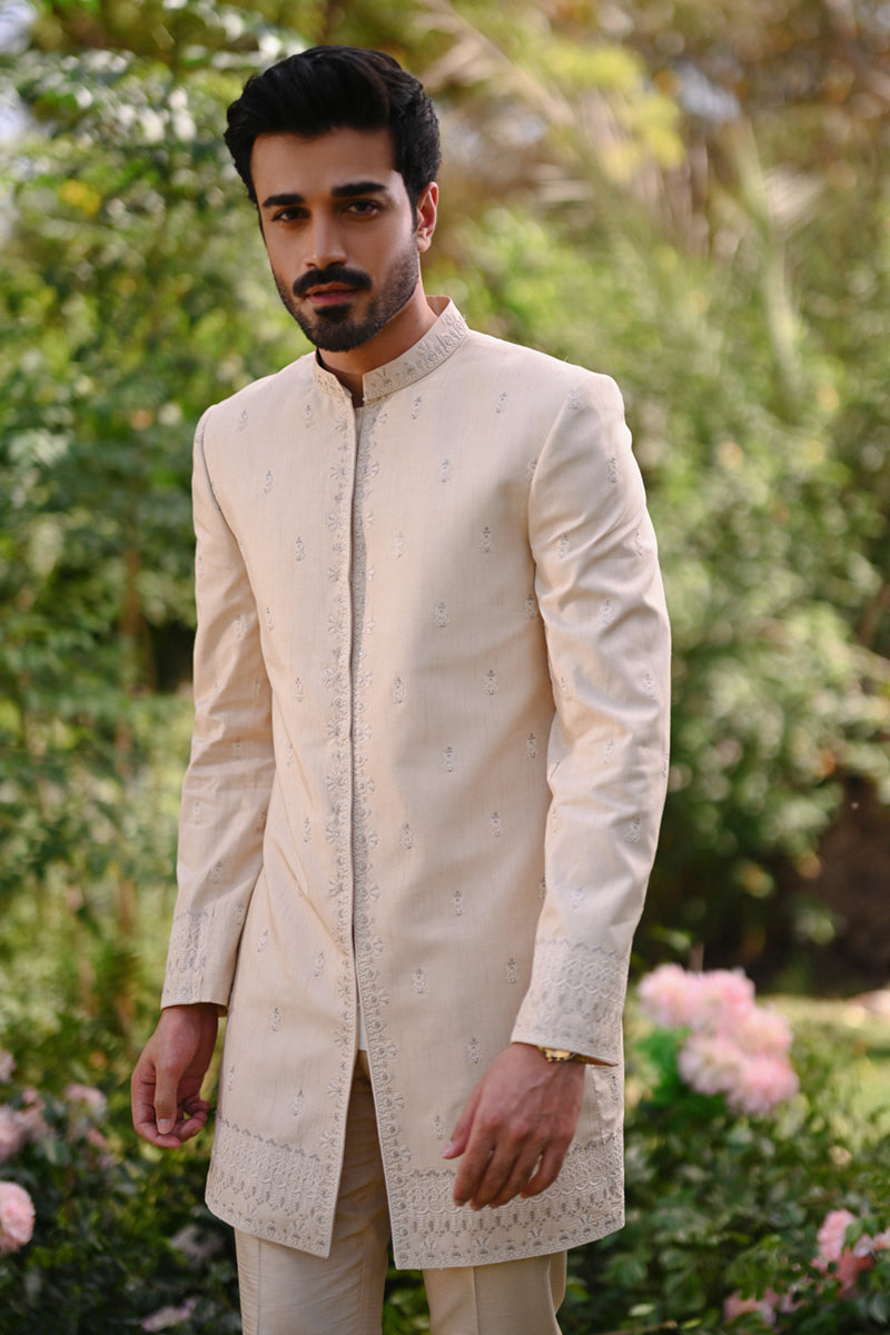 Ivory Thread Embroidered Raw Silk Sherwani (2-Piece) - Image 6