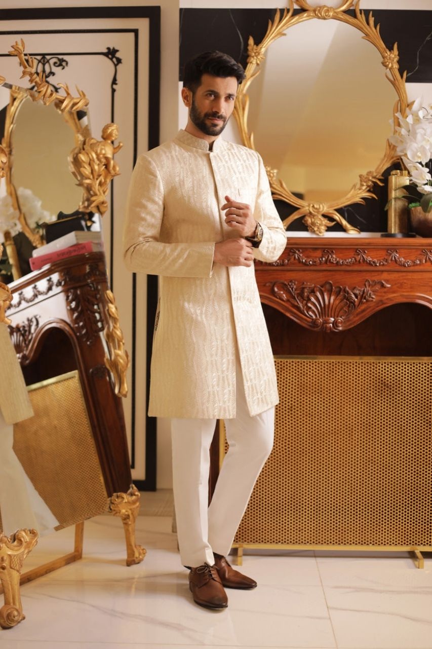 Ivory Silk Thread Embroidered Raw Silk Sherwani (2-Piece) - Image 1