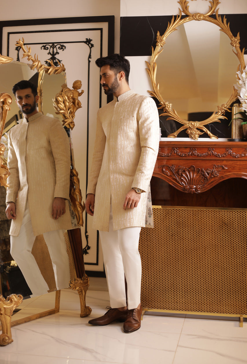 Ivory Silk Thread Embroidered Raw Silk Sherwani (2-Piece) - Image 2