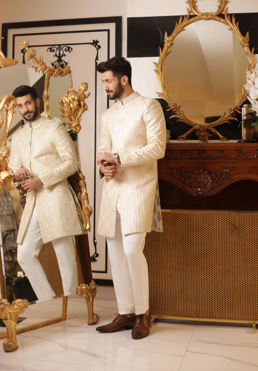 Ivory Silk Thread Embroidered Raw Silk Sherwani (2-Piece) - Image 3