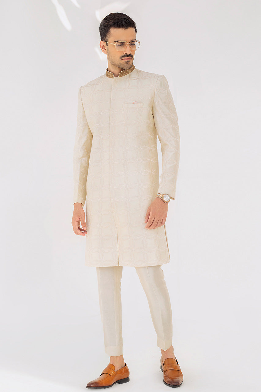 Ivory Embroidered Raw Silk Achkan Sherwani (2-Piece) - Image 1
