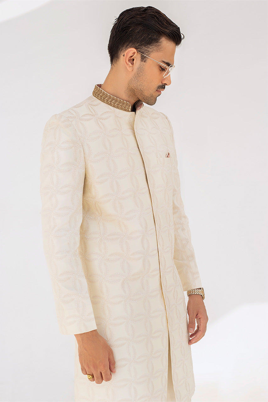 Ivory Embroidered Raw Silk Achkan Sherwani (2-Piece) - Image 3