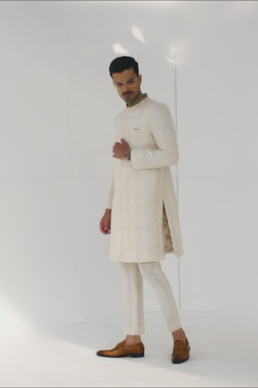 Ivory Embroidered Raw Silk Achkan Sherwani (2-Piece) - Image 4
