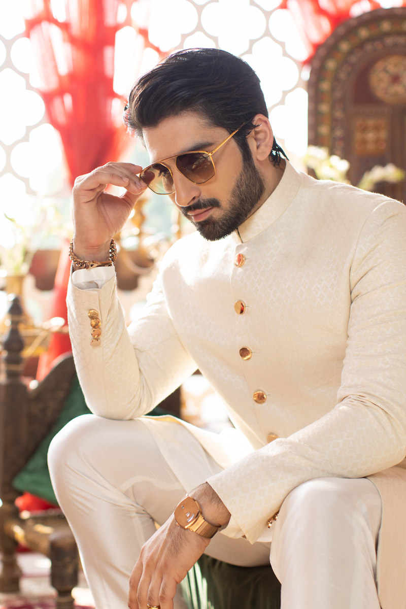 Off-White Self-Print Sataan Karandi Sherwani (3-Piece) - Image 1