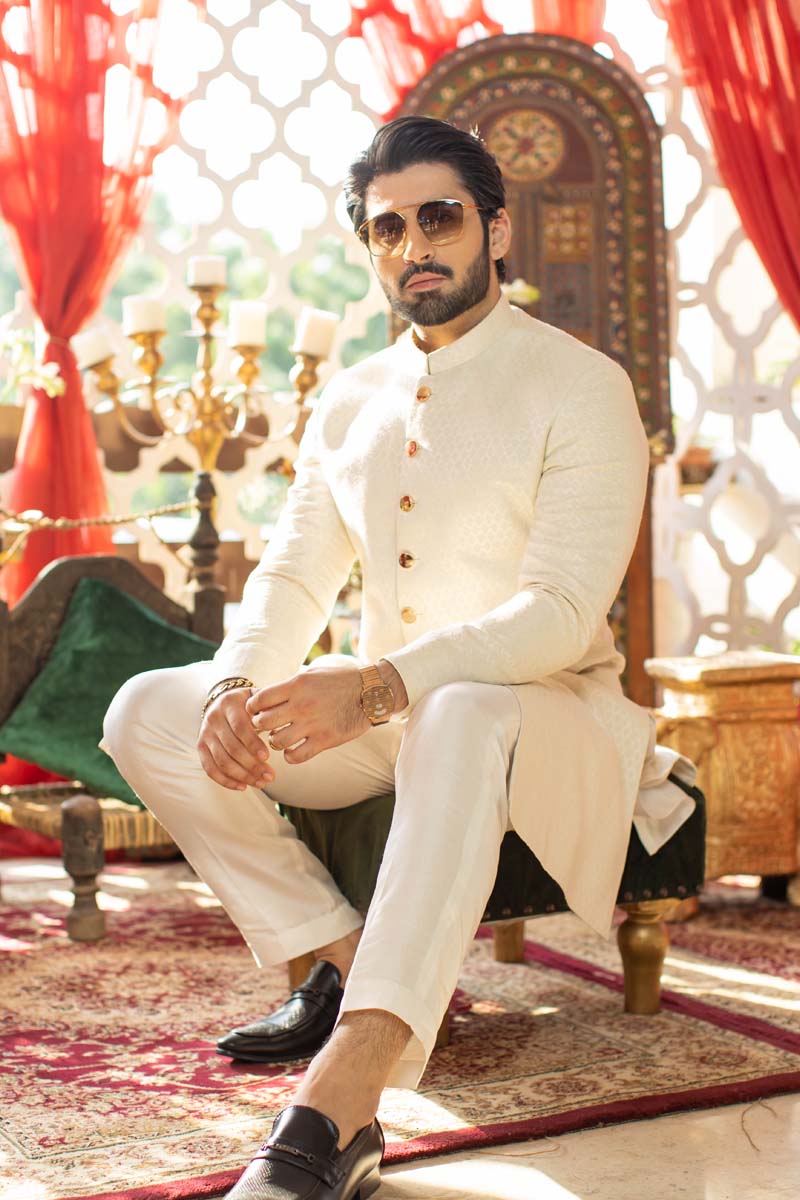 Off-White Self-Print Sataan Karandi Sherwani (3-Piece) - Image 2