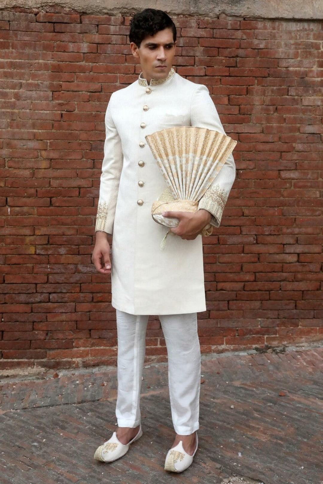 Off-White Embroidered Self-Jacquard Achkan Sherwani (2-Piece) - Image 1