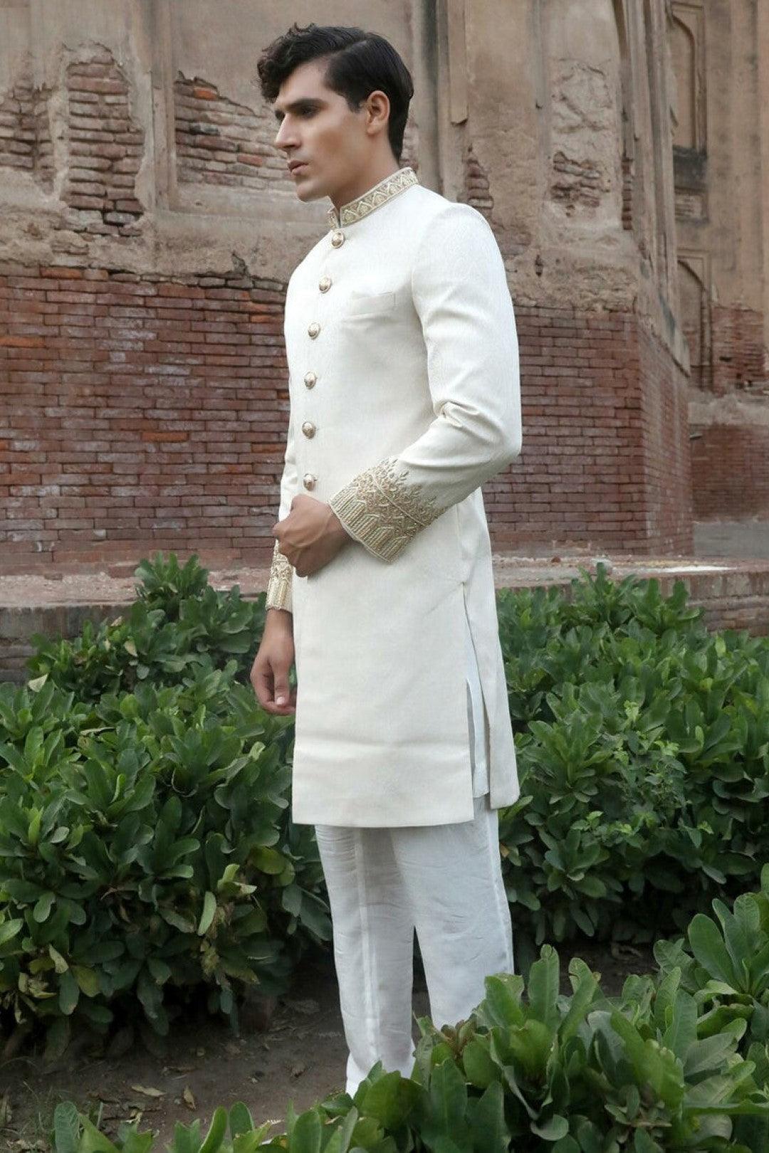 Off-White Embroidered Self-Jacquard Achkan Sherwani (2-Piece) - Image 2