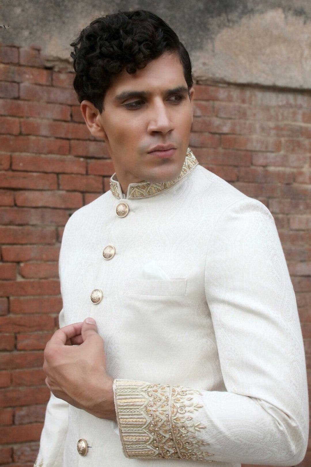 Off-White Embroidered Self-Jacquard Achkan Sherwani (2-Piece) - Image 3