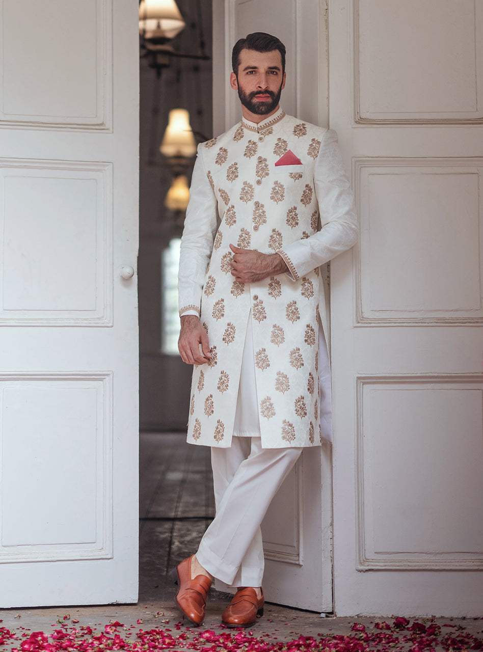 Ivory Embroidered Self Jamawar Achkan Sherwani (3-Piece) - Image 1