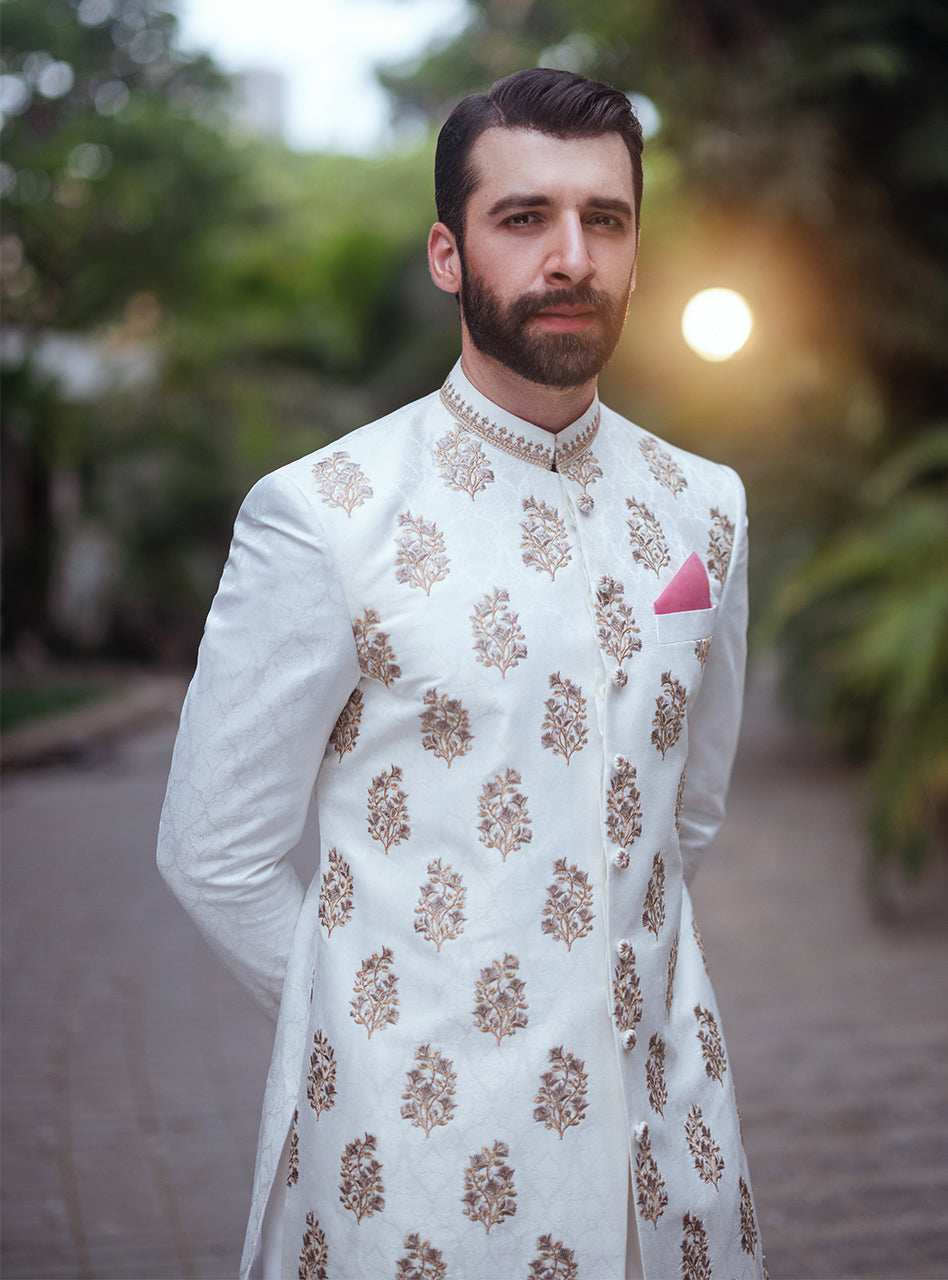 Ivory Embroidered Self Jamawar Achkan Sherwani (3-Piece) - Image 4