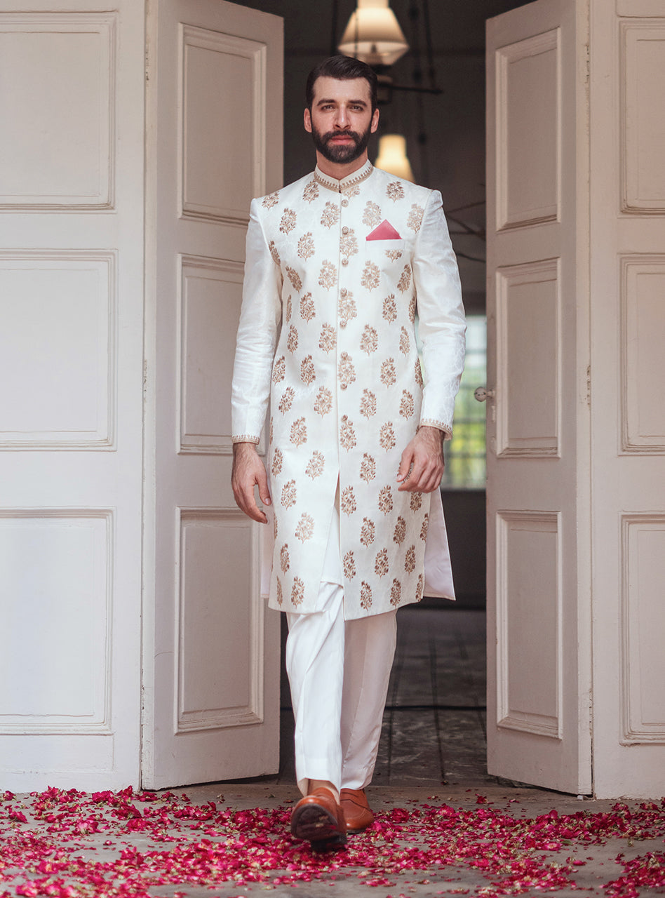 Ivory Embroidered Self Jamawar Achkan Sherwani (3-Piece) - Image 5