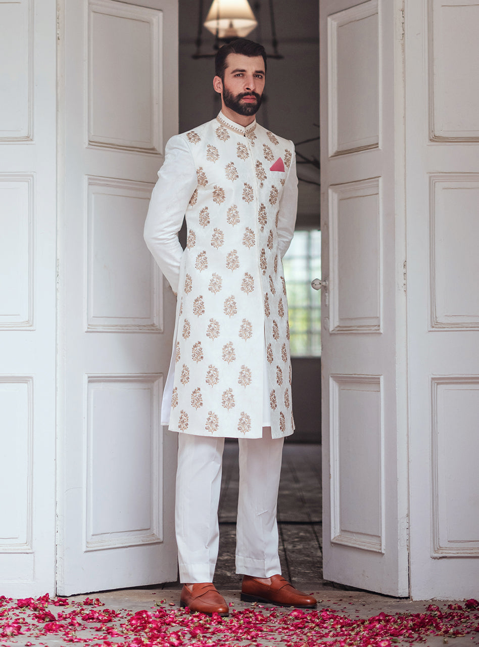 Ivory Embroidered Self Jamawar Achkan Sherwani (3-Piece) - Image 6