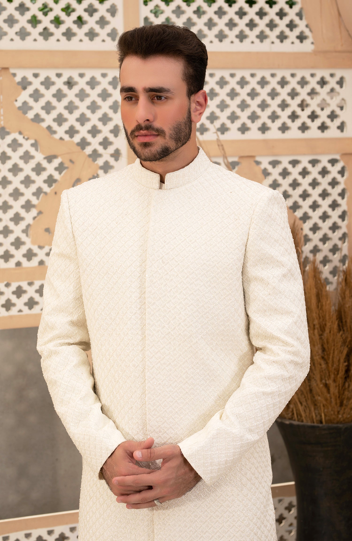 Ivory White Embroidered Silk Achkan Sherwani (3-Piece) - Image 3