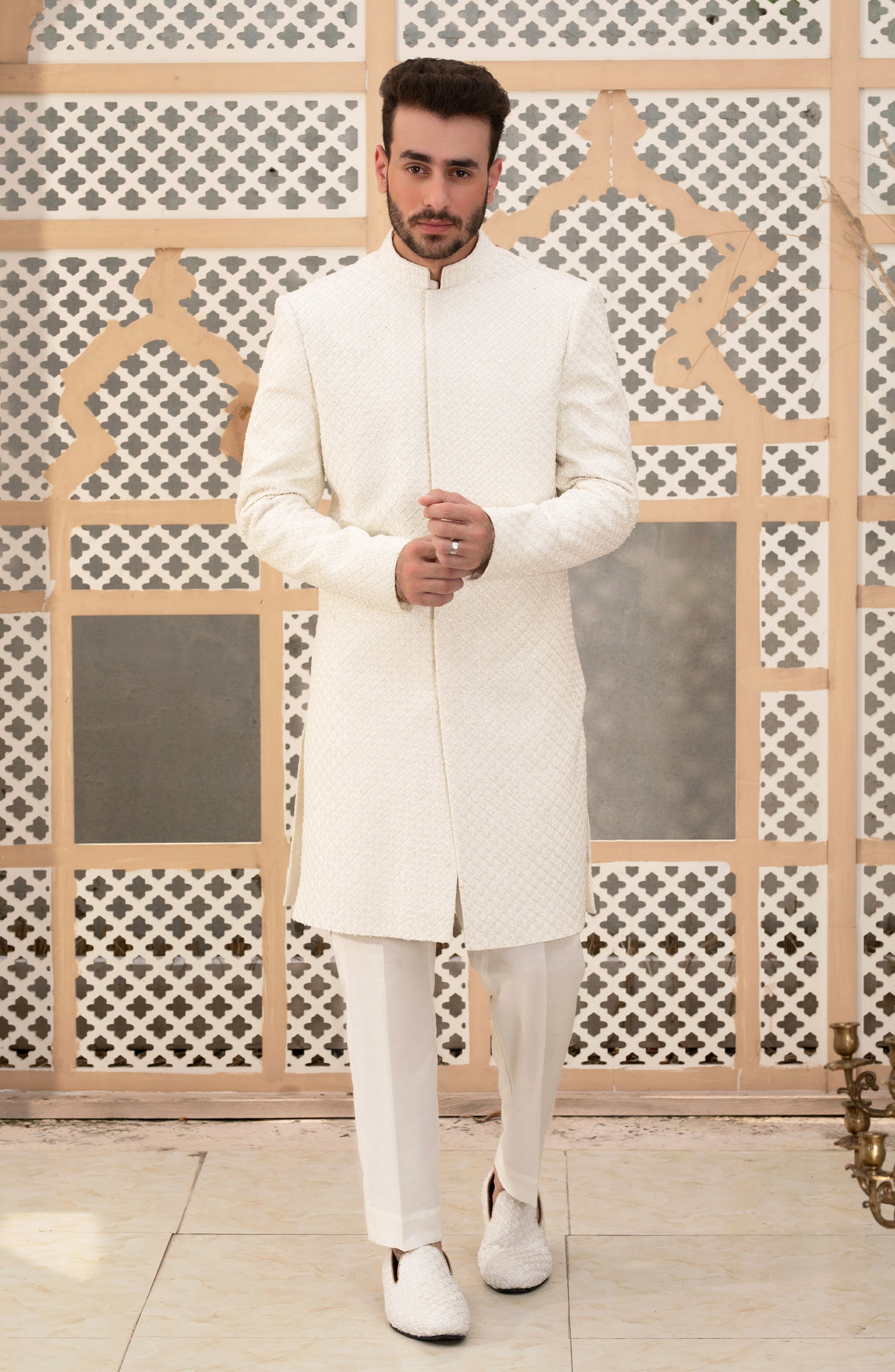 Ivory White Embroidered Silk Achkan Sherwani (3-Piece) - Image 4