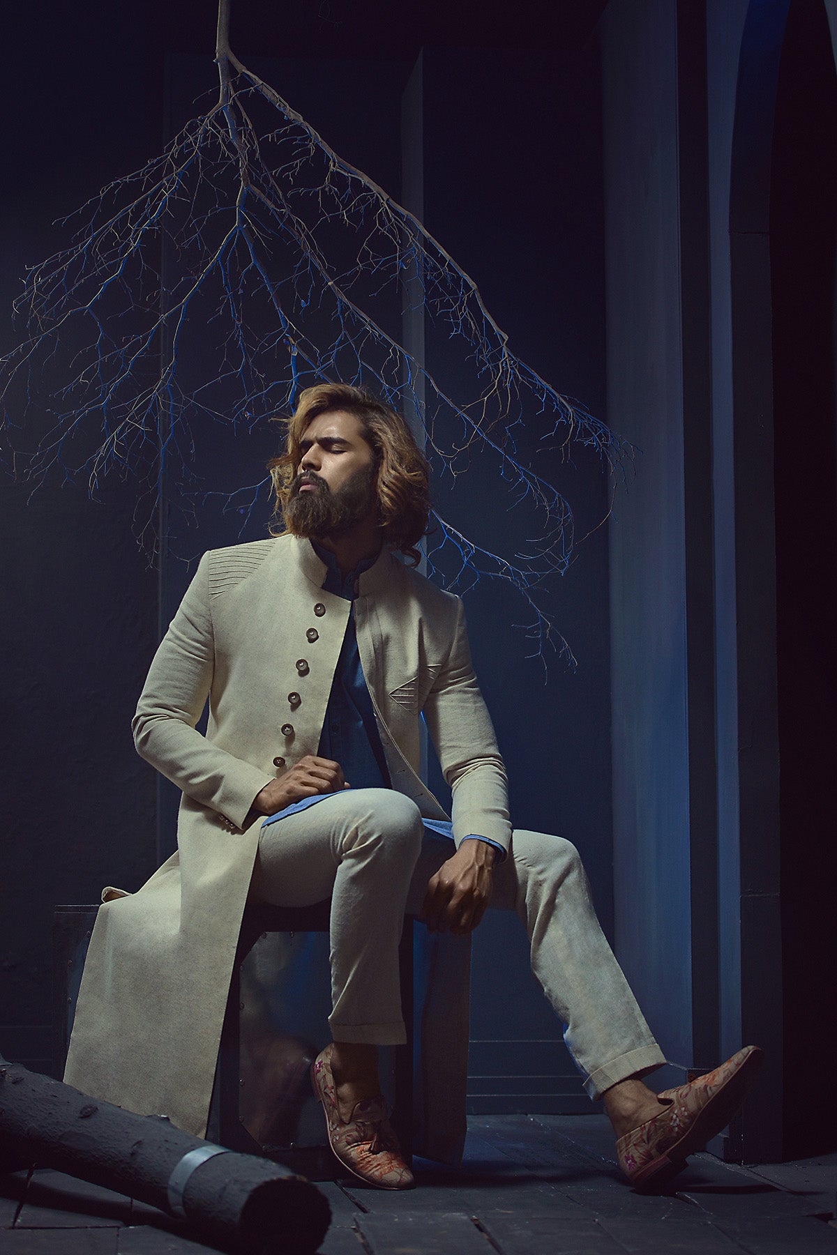 Ivory Pintuck Silk Blend Achkan Sherwani (2-Piece) - Image 2