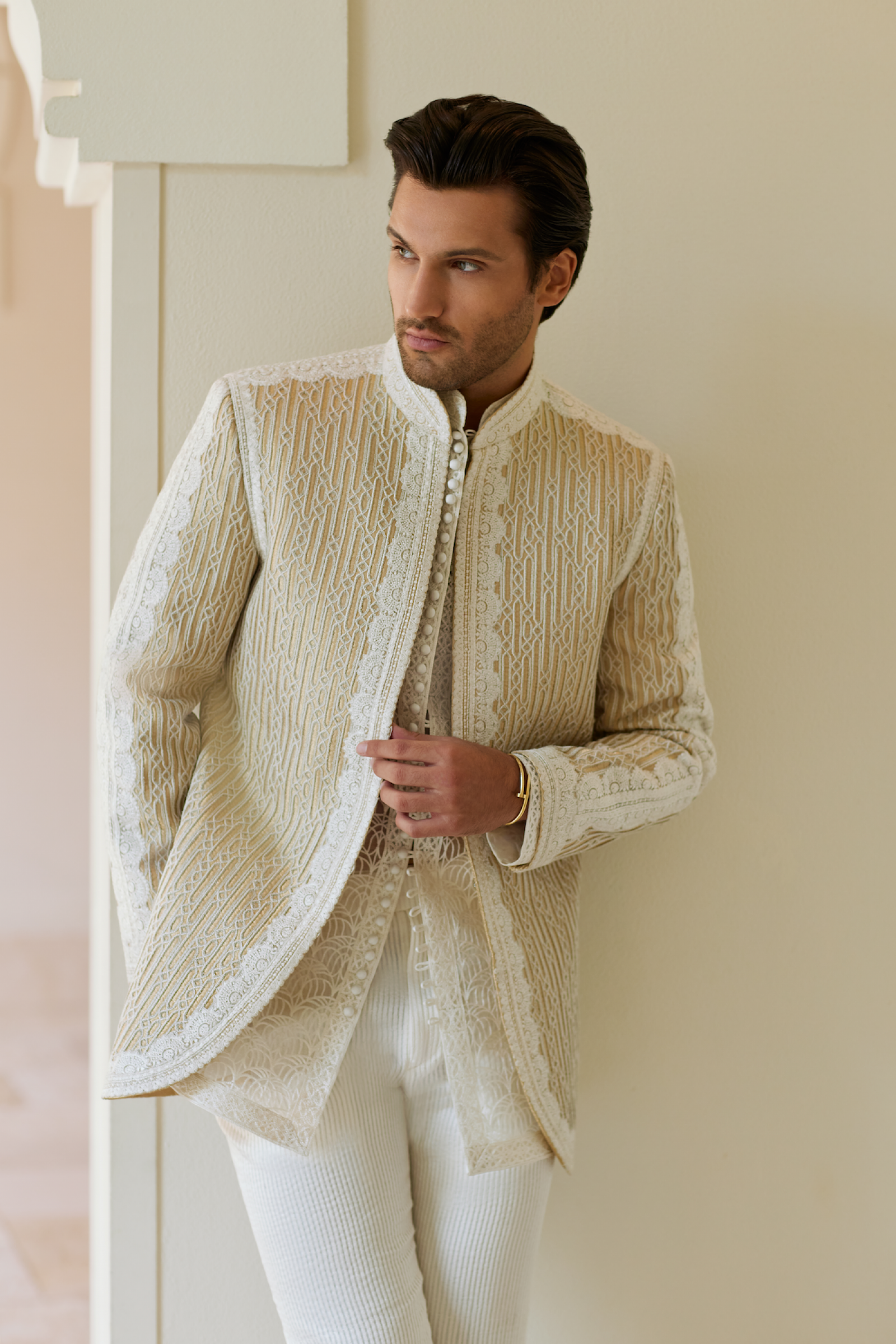Ivory Embroidered Silk-Blend Sherwani (2-Piece) - Image 1