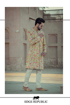 Ivory Floral Fine Fabric Achkan Sherwani (2-Piece) - Image 1