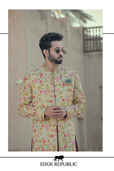 Ivory Floral Fine Fabric Achkan Sherwani (2-Piece) - Image 2