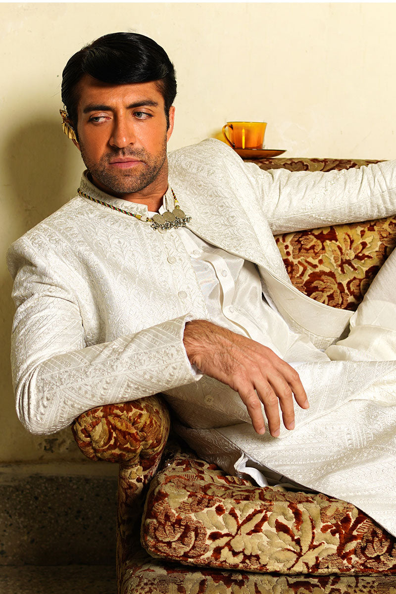 Ivory White Jacquard Achkan Sherwani (2-Piece) - Image 2