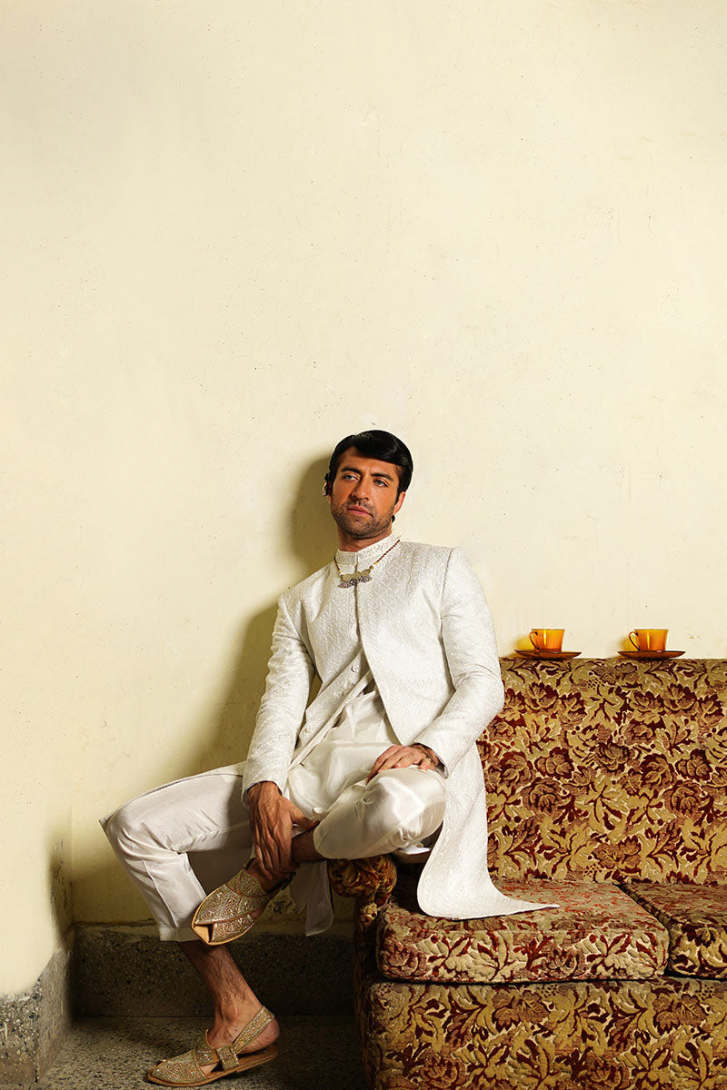 Ivory White Jacquard Achkan Sherwani (2-Piece) - Image 3