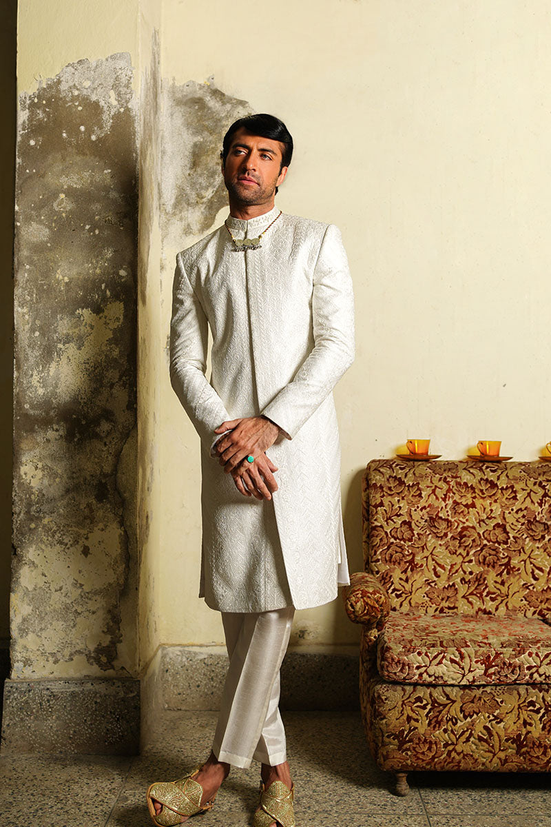 Ivory White Jacquard Achkan Sherwani (2-Piece) - Image 4