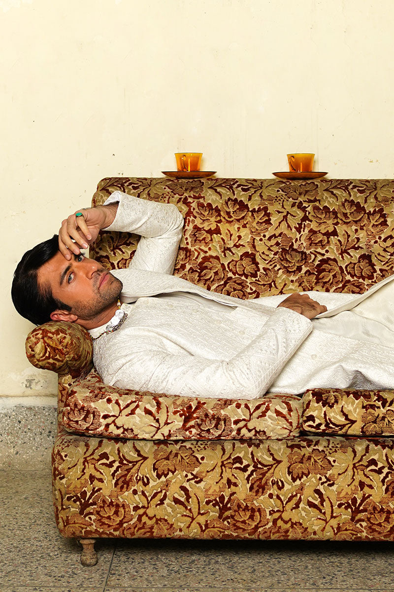 Ivory White Jacquard Achkan Sherwani (2-Piece) - Image 5