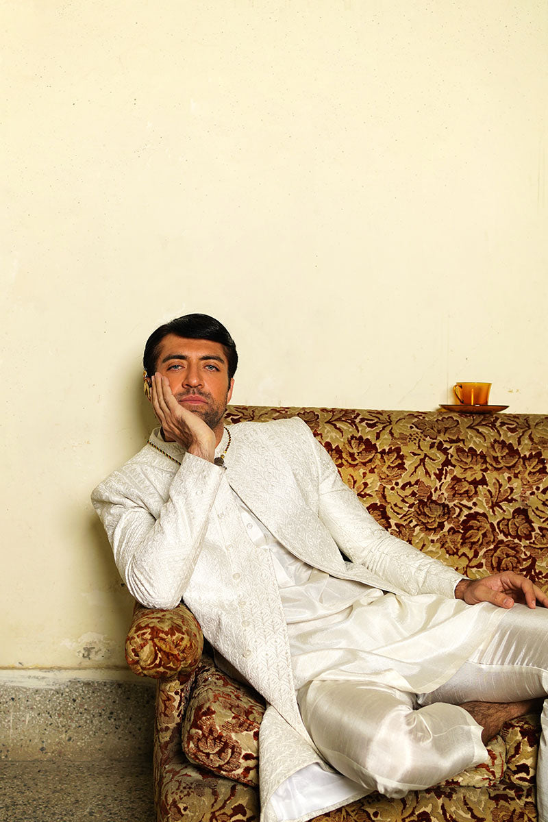 Ivory White Jacquard Achkan Sherwani (2-Piece) - Image 6