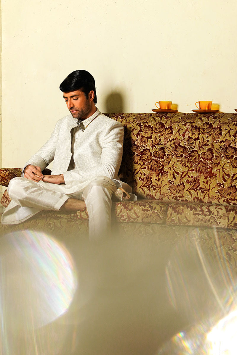 Ivory White Jacquard Achkan Sherwani (2-Piece) - Image 7