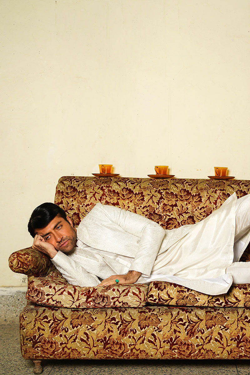 Ivory White Jacquard Achkan Sherwani (2-Piece) - Image 8