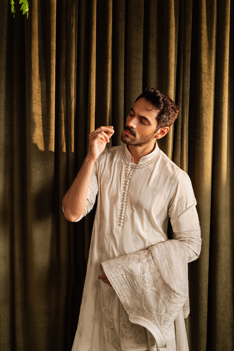 Ivory Tilla-Embroidered Silk-Blend Achkan Sherwani (2-Piece) - Image 4