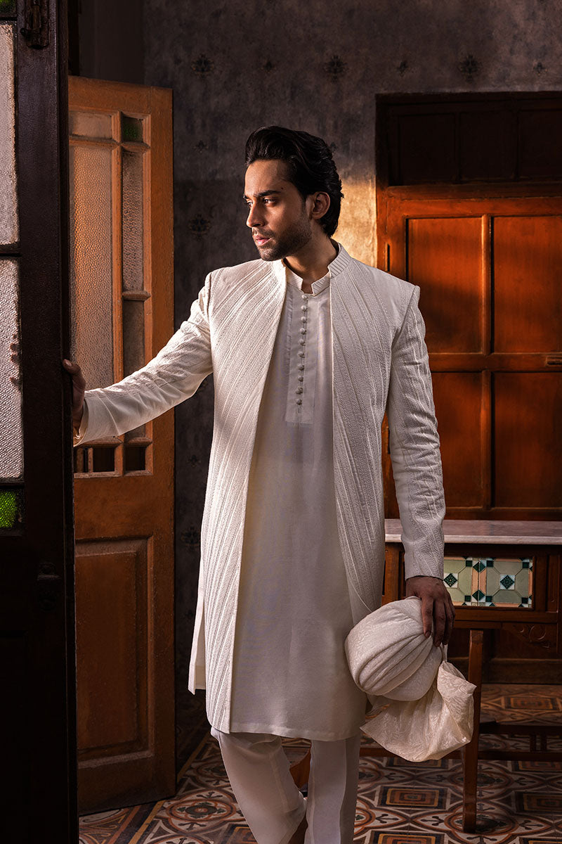 Ivory Chevron Woven Silk-Blend Achkan Sherwani (3-Piece) - Image 1