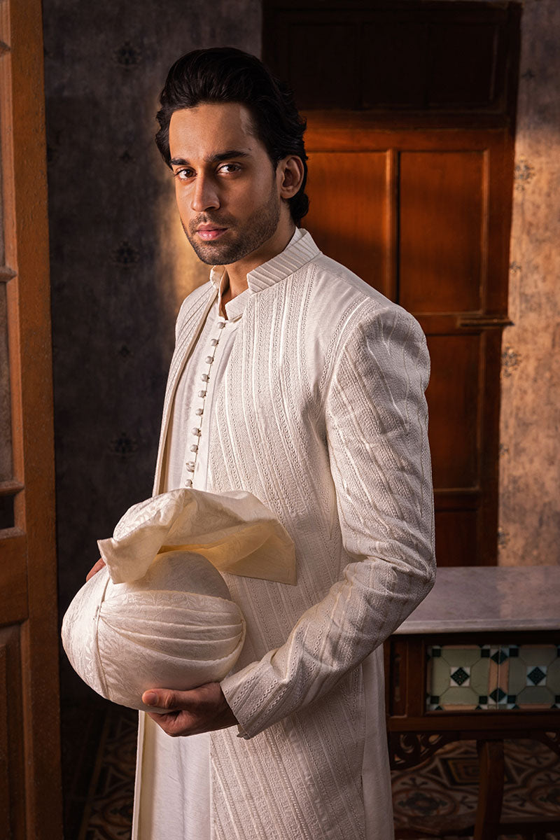 Ivory Chevron Woven Silk-Blend Achkan Sherwani (3-Piece) - Image 2