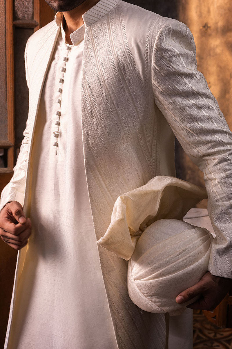Ivory Chevron Woven Silk-Blend Achkan Sherwani (3-Piece) - Image 3