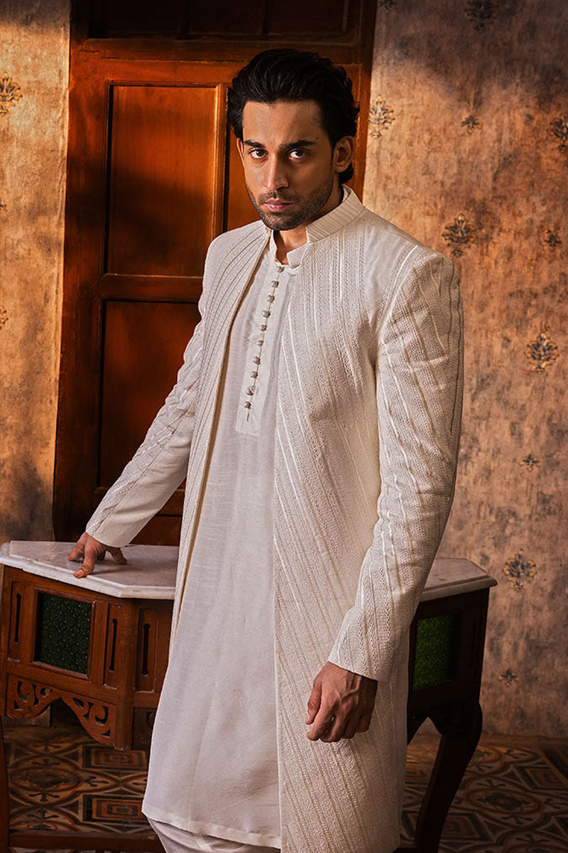 Ivory Chevron Woven Silk-Blend Achkan Sherwani (3-Piece) - Image 4