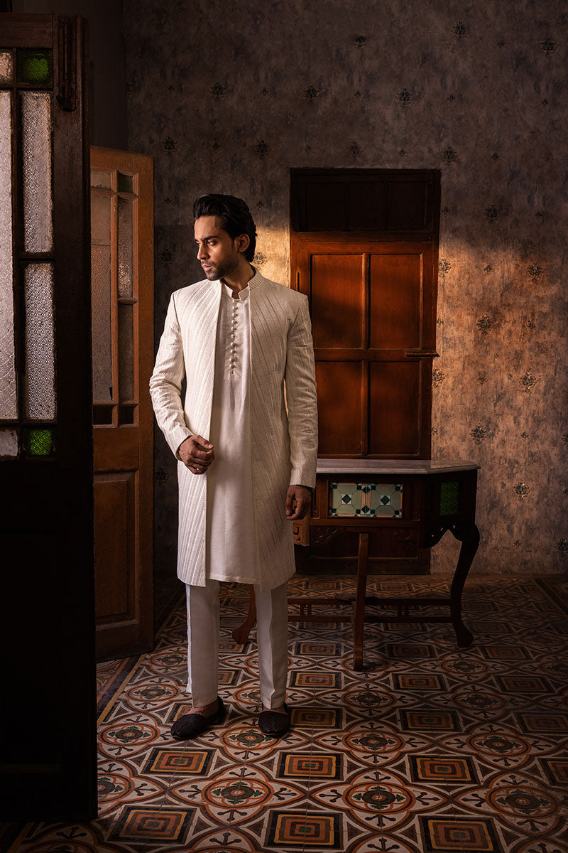 Ivory Chevron Woven Silk-Blend Achkan Sherwani (3-Piece) - Image 6
